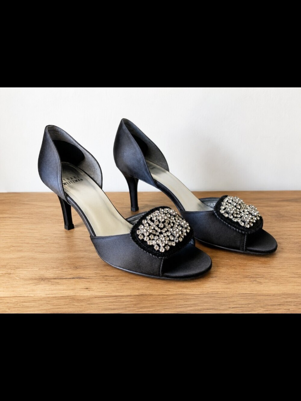 Stuart Weitzman Black Satin Open-Toe Heels with Crystal Medallions